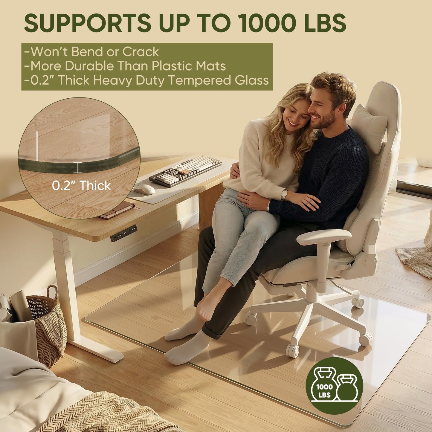 Furnbar Tempered Glass Chair Mat for Hardwood Floor, 36" x 48" Heavy Duty Glass Office Chair Mat, for Low Pile Carpet, 0.2" Thick with 4 Non-Slip Pads, Smooth Rolling for Home & Office