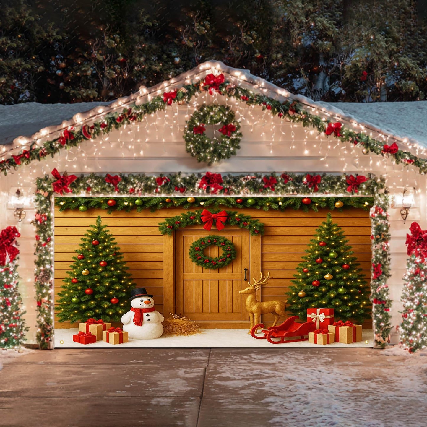 HOMETITUTE Christmas Garage Door Banner 13x6ft Christmas Trees Snowman Theme Backdrop Seasonal Christmas Decor Winter Door Cover Banners for Outside Garage Wall Covering for Party Garage