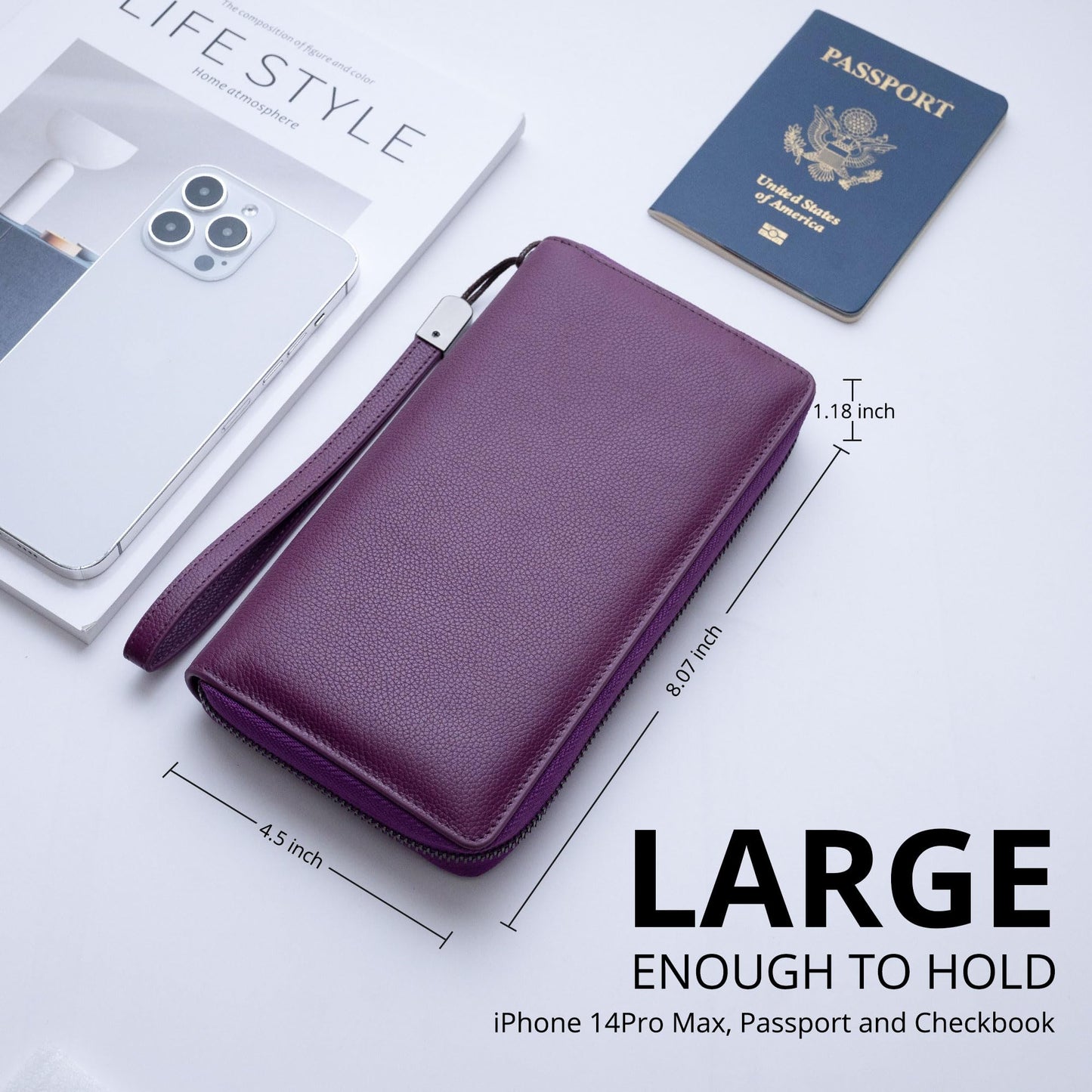 Bveyzi Women RFID Blocking Wallet Leather Zip Around Phone Clutch Large Capacity Ladies Travel Purse Wristlet (Purple)
