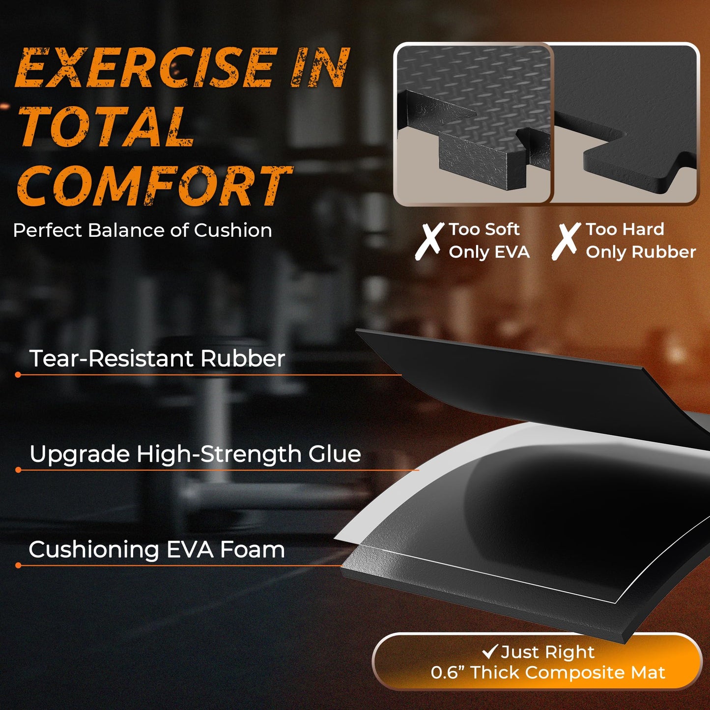 PRAISUN 0.6" Thicker Rubber Top Gym Flooring for Home Gym, 6 Pcs 24 Sq Ft Workout Mats, Exercise Mat, Interlocking Rubber Floor Mats with High Density EVA Foam for Garage, 24 x 24in, Black