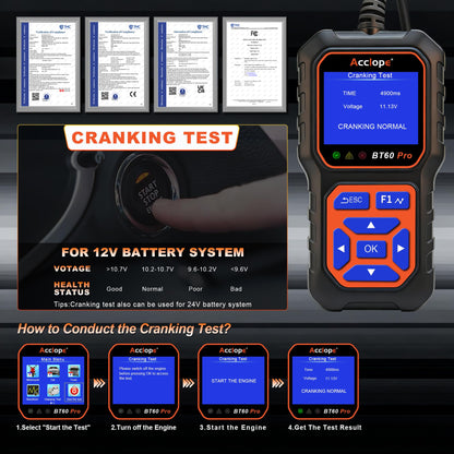 Acclope BT60 PRO Car Battery Tester 6V/12V/24V, 2-120Ah, 100-3000 CCA, Alternator & Starter/Charging System Analyzer, Automotive Load Test, QR Cloud Report (No App), for Car Truck Motorcycle Marine/RV