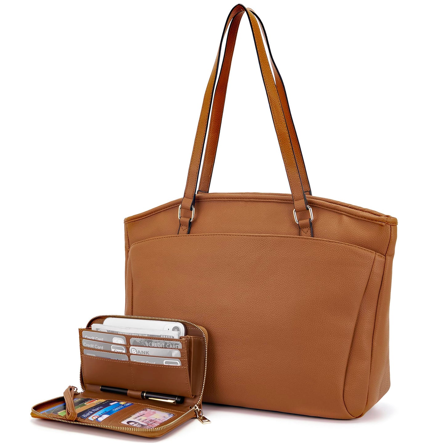 YZAOLL 15.6 Inch Laptop Tote Bag for Women,Water-resistant Vegan Leather with Anti-Scratch Padded Sleeve,Lightweight Multi-Pocket Work Bag for Business Travel,College,Office Essentials,Brown