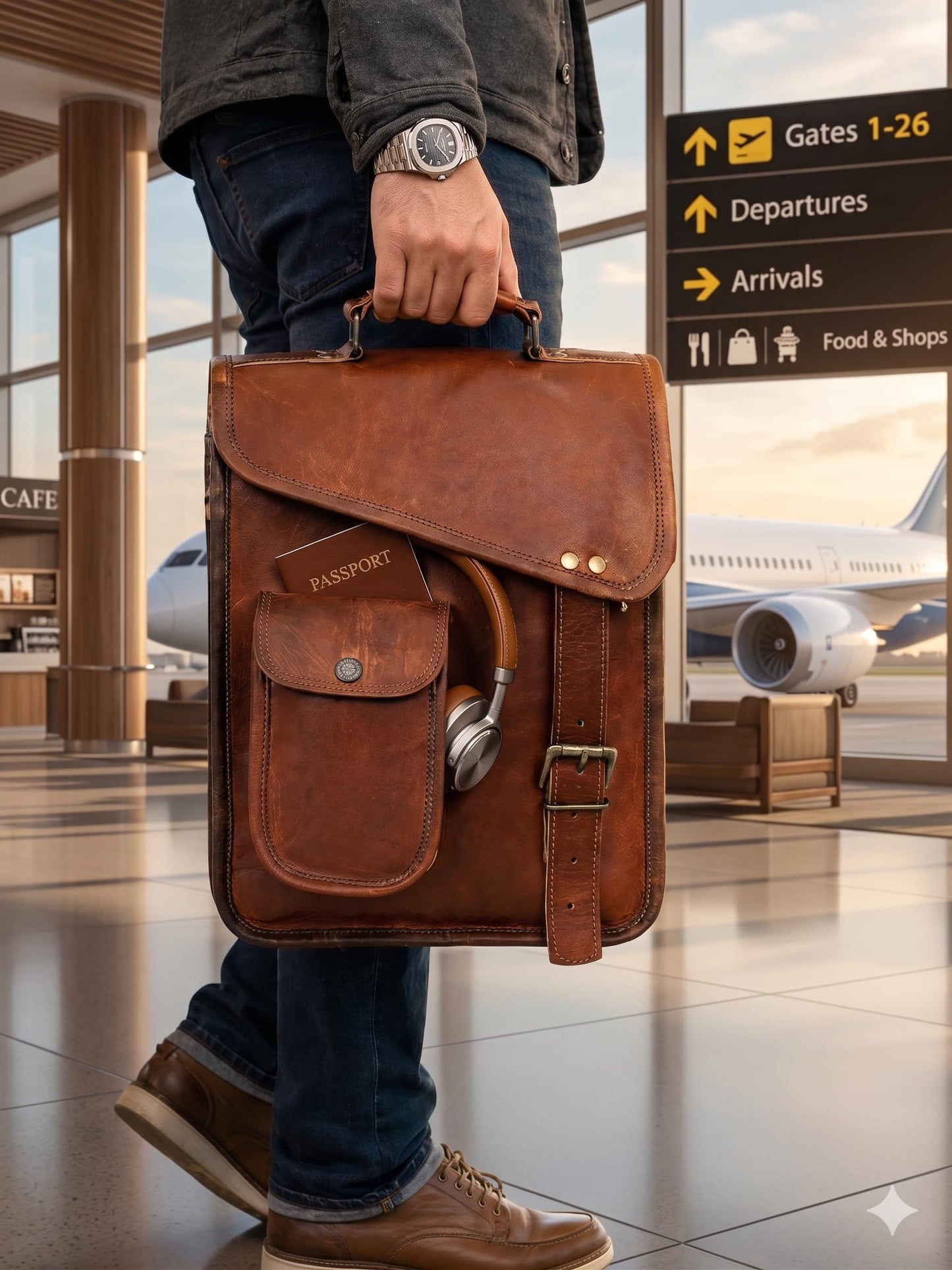 18" leather satchel tablet bag laptop case office briefcase messenger gift for men computer distressed shoulder bag