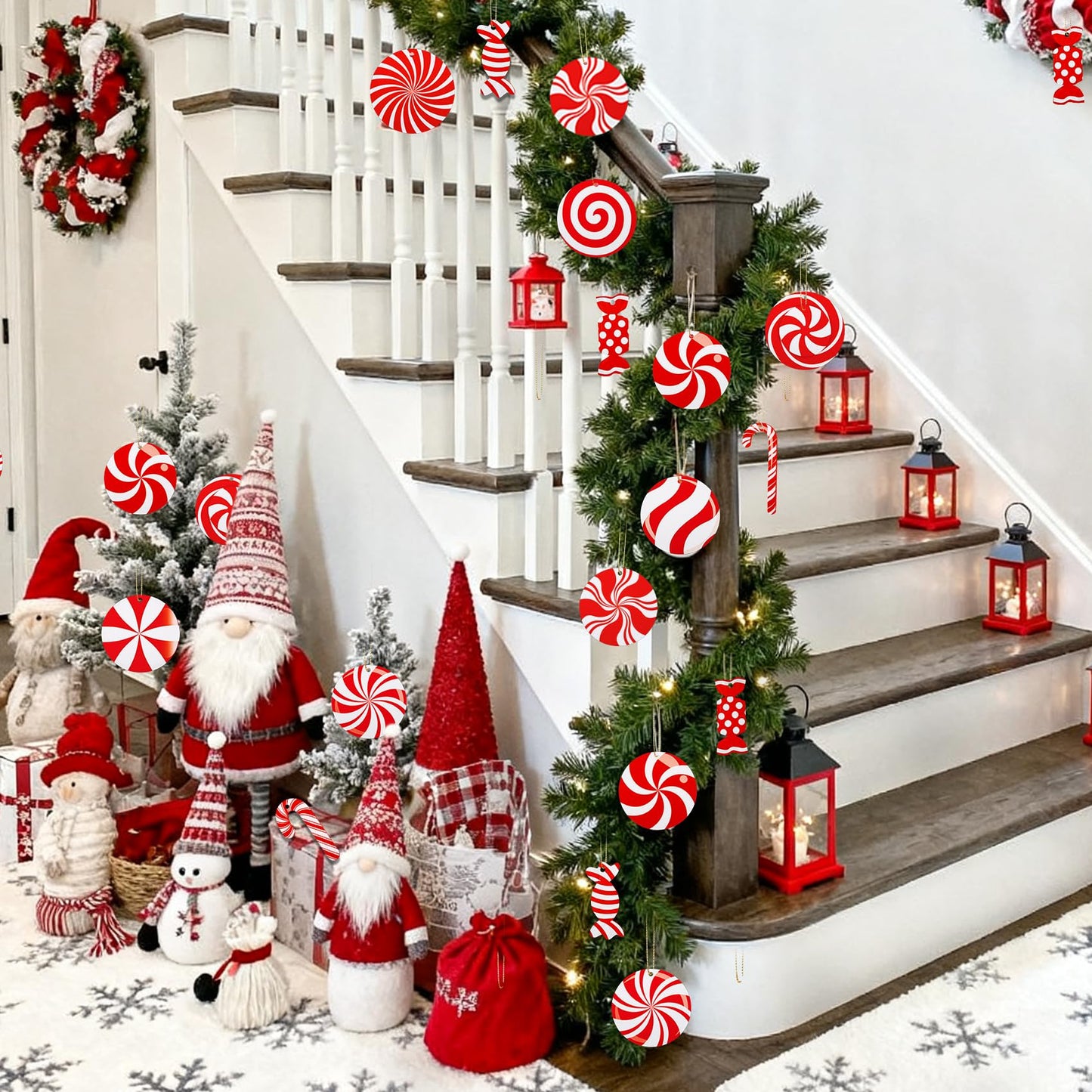 Ouddy Decor 60 Pcs Candy Cane Christmas Tree Ornaments, Red and White Peppermint Lollipop Christmas Decorations Candy Cane Hanging Ornaments for Xmas Tree New Year Party Supplies Holiday Home Decor
