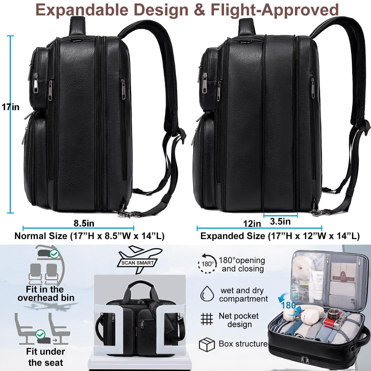weiatas 3-in-1 Vegan Leather Convertible Laptop Bag for Men Women, 15.6 Inch Waterproof Expandable Backpack, Computer Briefcase, Shoulder Messenger Bag & Weekend Bag for Business Travel Work (Black)