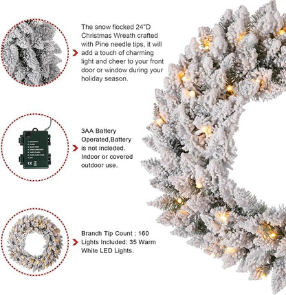 Glitzhome 24" D Pre-Lit Snow Flocked Christmas Wreath with Warm White LED Lights and Timer Artificial Decoration Wreath for Front Door Wall Window Indoor Outdoor Christmas Decorations