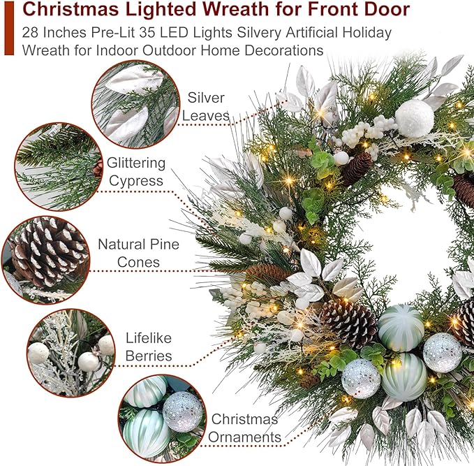 Christmas Lighted Wreath for Front Door, 28 Inches Pre-Lit 35 LED Lights Silvery Artificial Holiday Wreath with Silver Ornaments for Indoor Outdoor Home Decorations