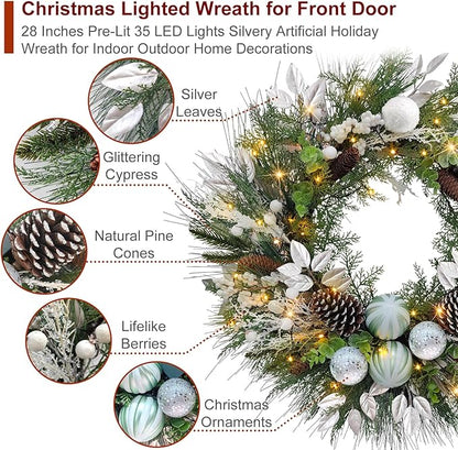 Christmas Lighted Wreath for Front Door, 28 Inches Pre-Lit 35 LED Lights Silvery Artificial Holiday Wreath with Silver Ornaments for Indoor Outdoor Home Decorations