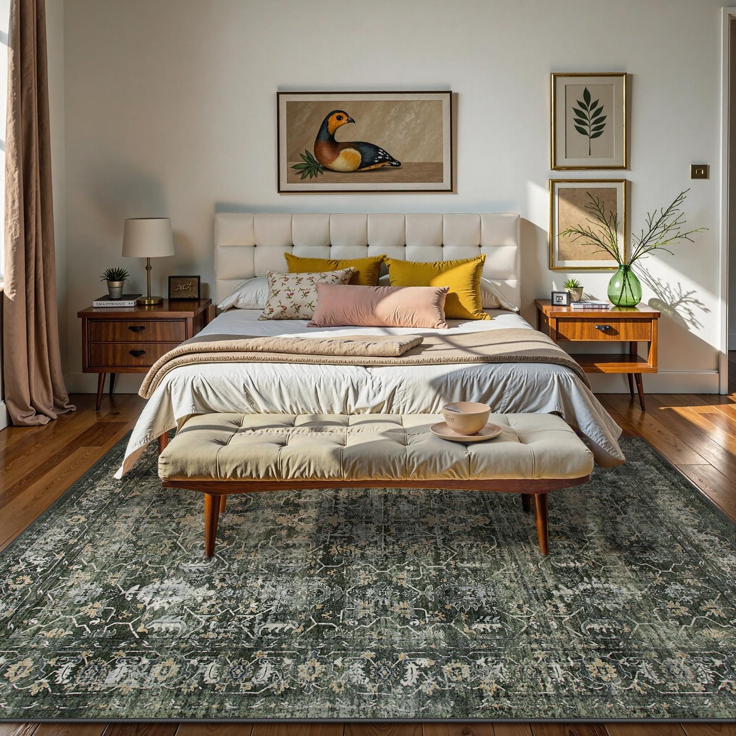 Lahome Margot Washable Area Rugs 5x7 Green Rugs for Living Room,Boho Rug for Bedroom, Distressed Non Slip Low Pile Carpet for Indoor Home Office Dining Room (5'x7', Green)