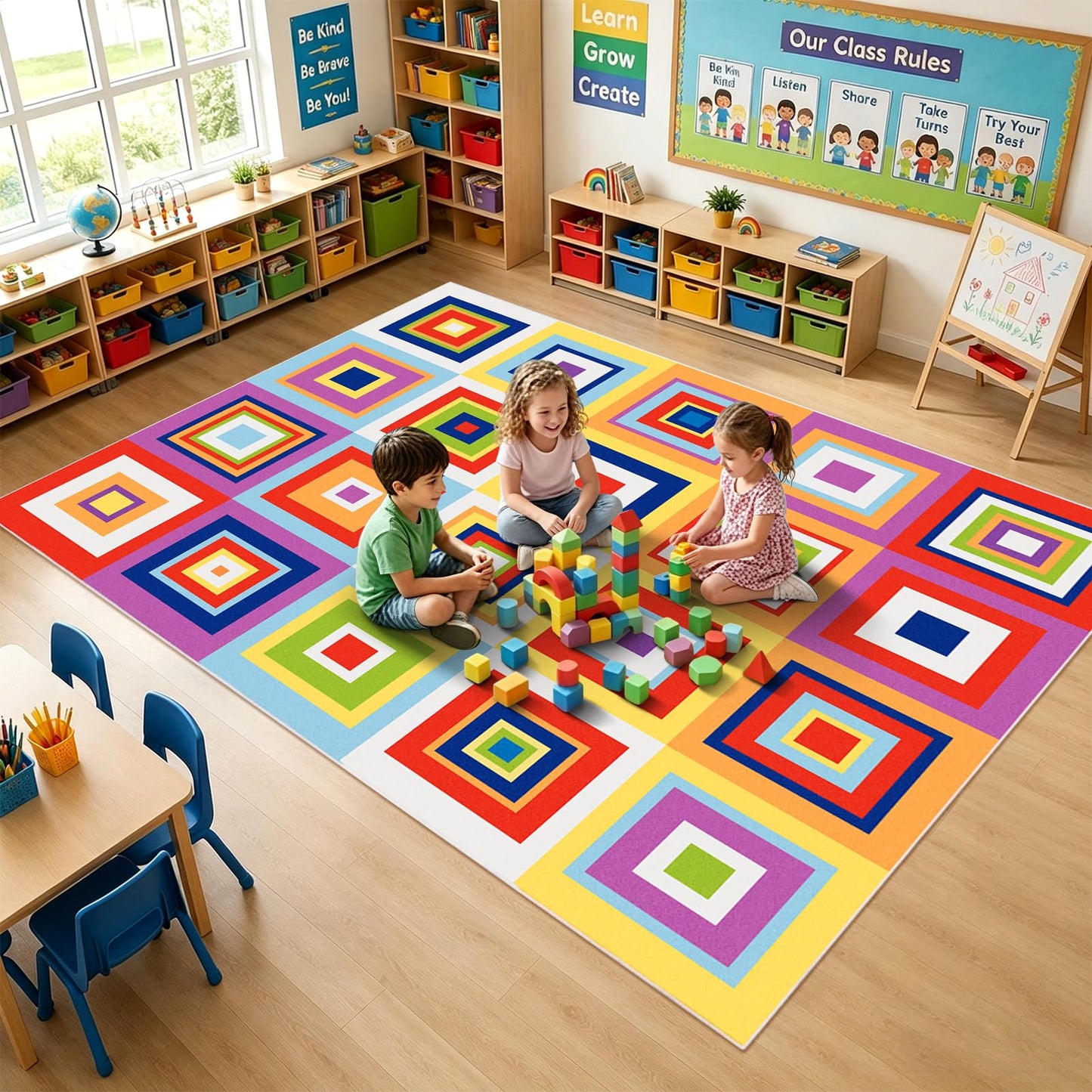 Classroom Rug for Kids, 6x9 ft Non-Slip Classroom Seating Carpet, Preschool Circle Time Rug for Kindergarten Daycare Nursery, Playroom Reading Corner Floor Mat, 20 Seats