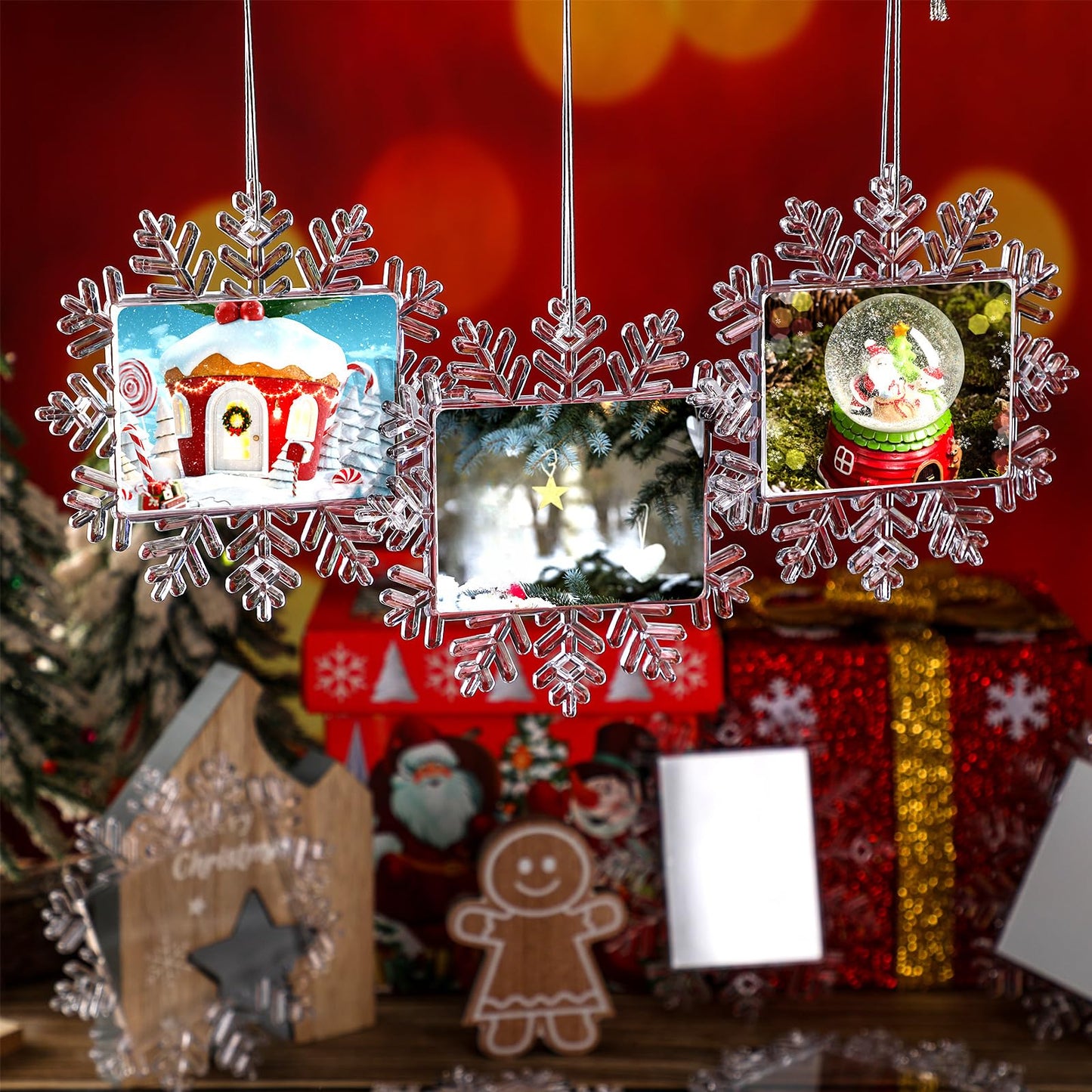 Yookeer 9 Pcs Christmas Snowflake Hanging Photo Frame Snowflake Ornaments Xmas Picture Ornaments Christmas Acrylic Photo Decorations Picture Frame for Xmas Tree (Classic)