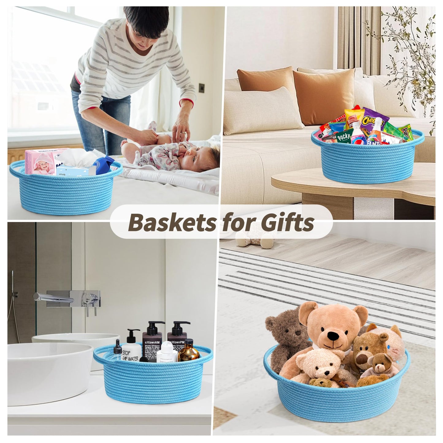 Pro Goleem Small Woven Basket with Gift Bags and Ribbons Durable Baskets for Gifts Empty Small Rope Basket for Storage 12"X 8" X 5" Baby Toy Basket with Handles, Blue