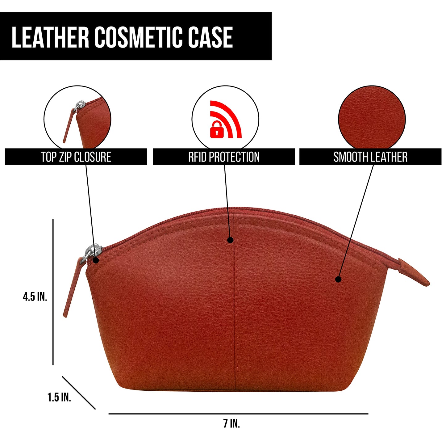 ili New York Genuine Leather Cosmetic Pouch – RFID Blocking, Leather Makeup Bag for Purse with Top Zip Closure & Interior Zip Pocket, Perfect as a Compact and Stylish Travel Cosmetic Bag