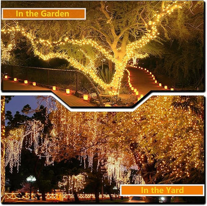OZS 6 Pack 480LED Solar String Lights Outdoor, Waterproof 8 Modes Solar Tree Light, Green Wire Christmas Lights Outdoor for Garden, Party, Wedding, Christmas Decorations (Warm White)