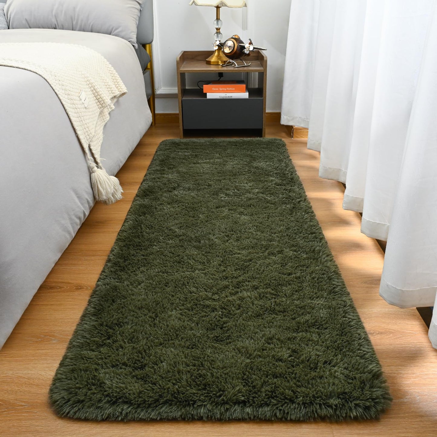 Goideal Fluffy Runner Rug for Bedroom Living Room, 2x6 Olive Green Bedside Rugs, Faux Fur Shag Modern Carpet Ultra Soft Girls Boys Room Home Decor, Solid