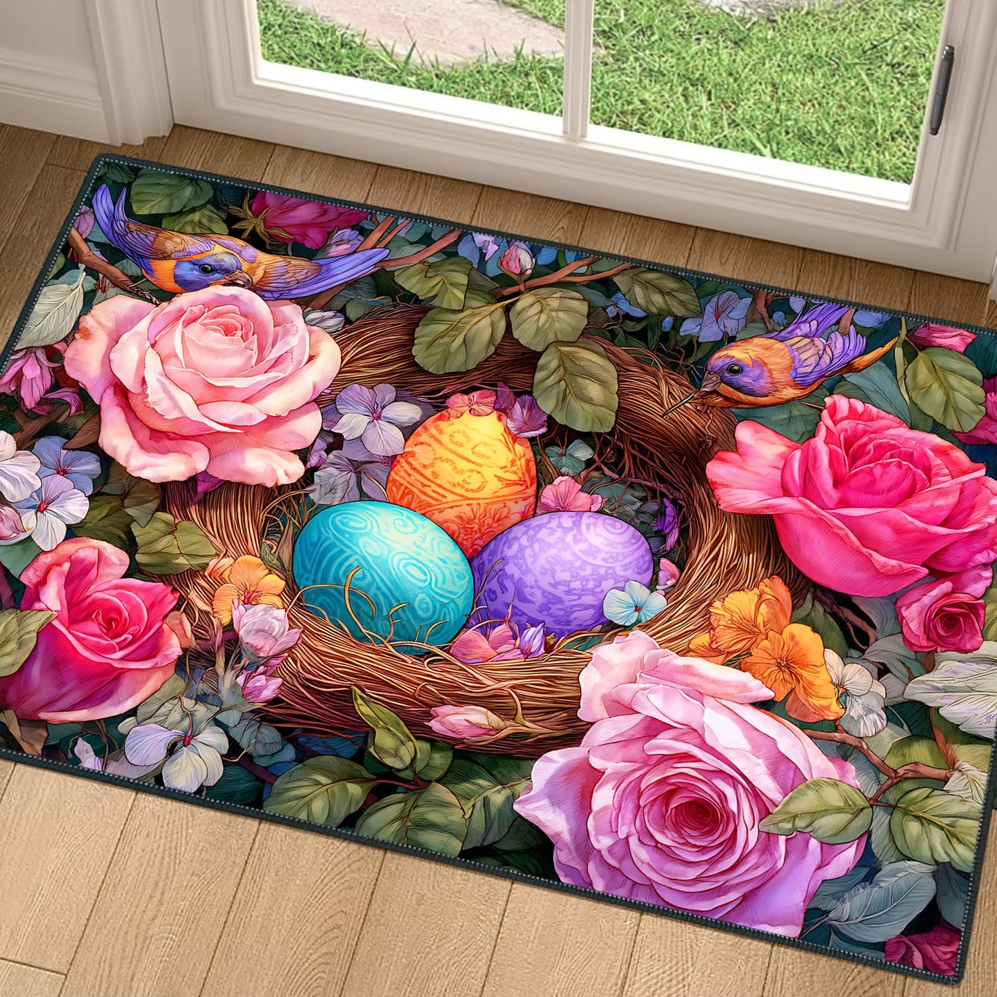 2x3FT Area Rug Spring Eggs Floral Birds Nest Indoor Entryway Rug, Washable Non Slip Front Door Rugs for Hallway Foyer Mudroom Apartment