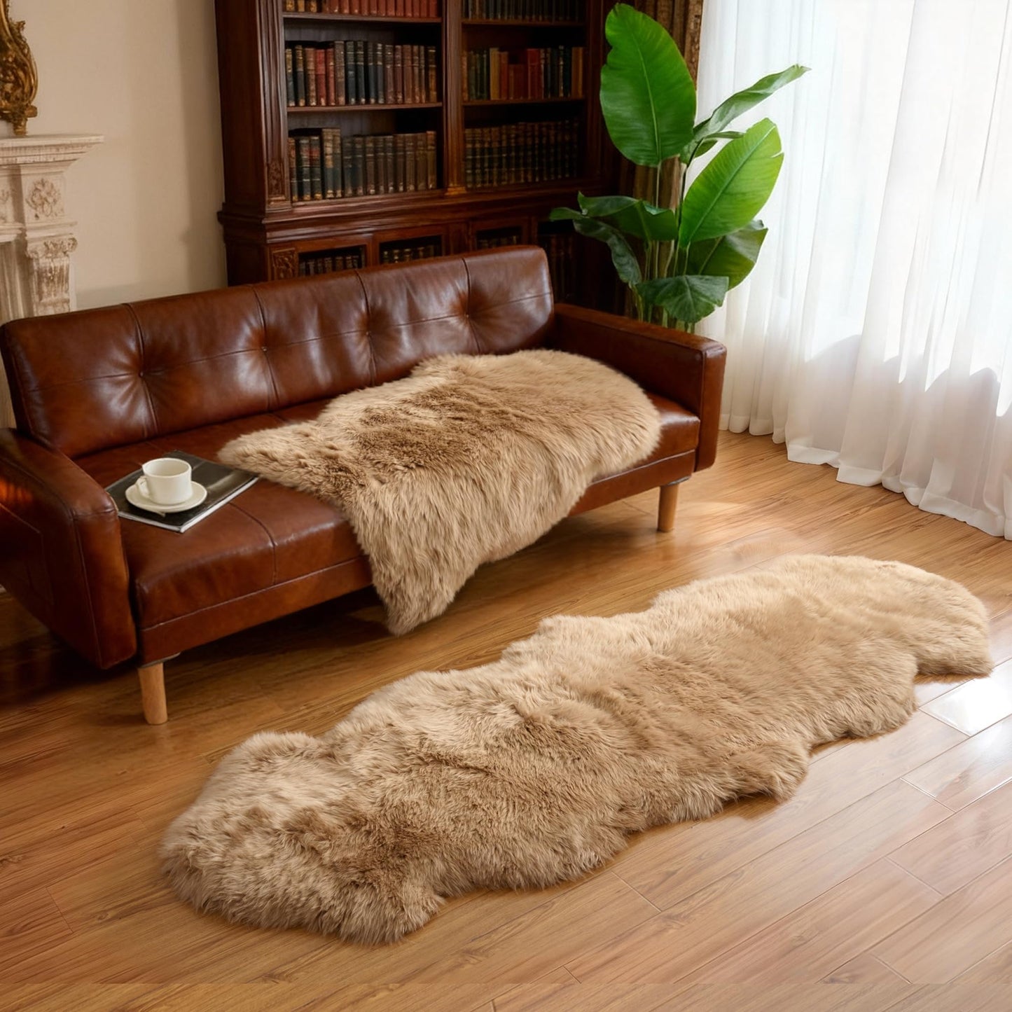 GINAMUSE Premium Genuine Sheepskin Area Rug for Bedroom,Real Fluffy Soft Wool Fur Carpet Natural Luxury Lambskin Rug Seat Chair Covers for Couch Sofa Living Room(Tan,2×3 Feet Sheepskin)