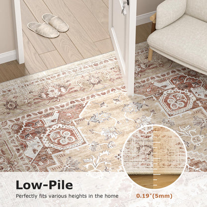 COHOME Beige Boho 6x9 Washable Rug for Under Table, Non-Slip Low Pile Area Rug for Living Room Bedroom Office, Charming Farmhouse Decor, Stain Resistant