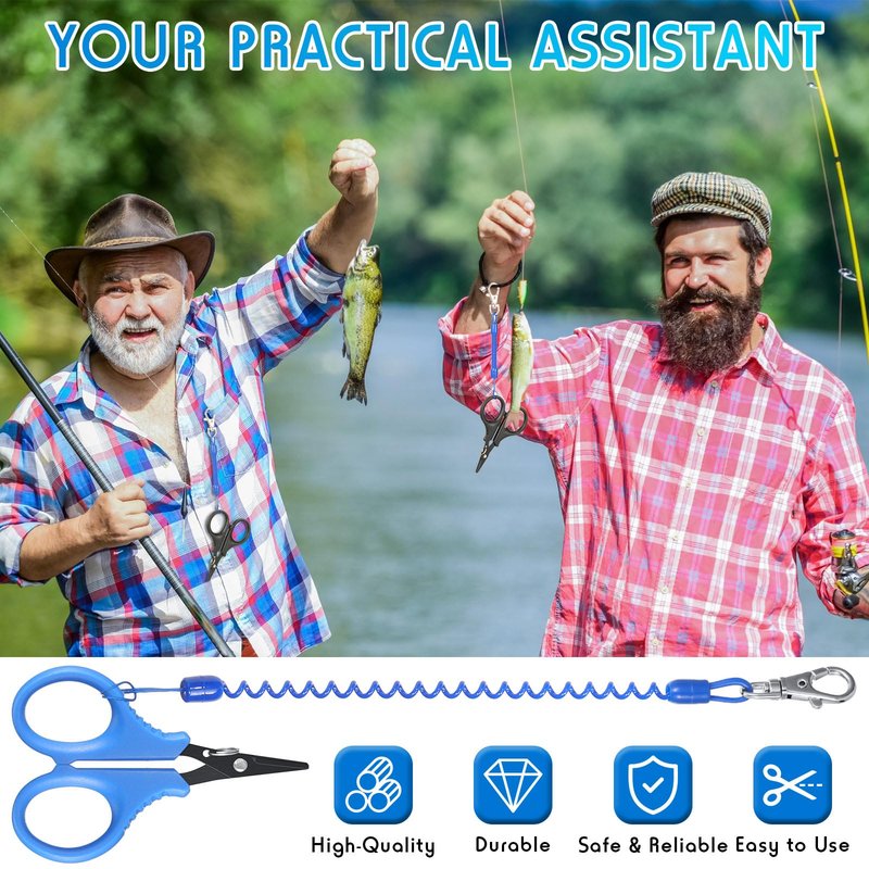 3 Pieces Fishing Scissors, Stainless Steel Fishing Line Cutter Portable Braided Line Cutter with Titanium Coating Fishings with Hook and Retractable Coil Lanyards Accessories(Blue)