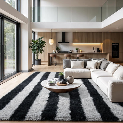 Zentavio Area Rugs for Living Room Large Rugs for Bedroom 5x8 Carpet Fluffy Fuzzy Soft Shag Aesthetic Plush High Pile Gray Throw Rug for Nursery Kids Room Dorm Horizontal Stripes Black Grey