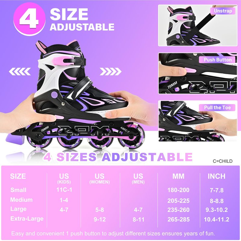 2PM SPORTS Vinal Inline Skates for Girls Boys Kids Ages 5-8 8-12 with Adjustable Illuminating Wheels, Inline Roller Skates for Youth Women Men - Purple Pink Large
