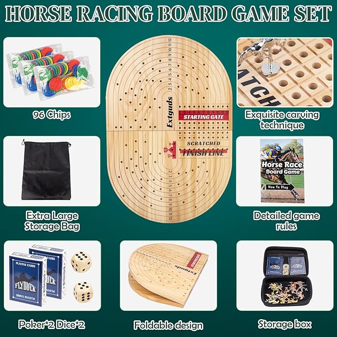 24.8in Wood Horse Race Board GameFoldable Horse Racing GameLarge Sizewith 11 Premium Metal Horses96 Chips2 dice2 Boxes of Playing CardsStorage BoxLarge Storage Bag and Instruction Manual