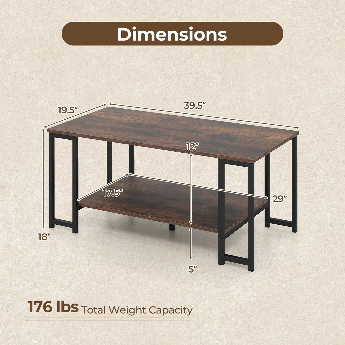 Giantex 2-Tier Coffee Table with Storage, 39.5" Rectangular Center Table with Heavy-Duty Metal Frame, Modern Accent Cocktail Table, Living Room Tables for Small Spaces (Rustic Brown)