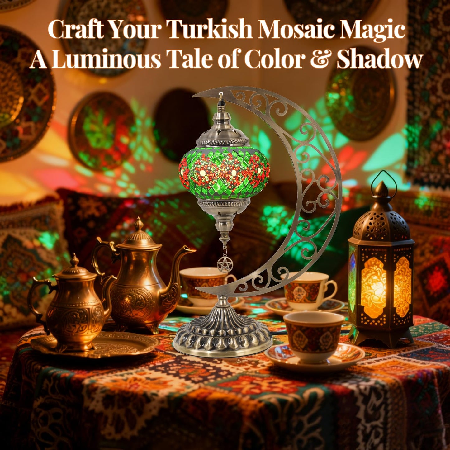 BOHMR DIY Turkish Mosaic Lamp Kit, Moon Stained Glass Lamp Making Kit- Easy,Fun,No Experience Needed, Mosaic Art & Craft Project Kits for Adults & Teens, Make Your Own Table Lamp,Christmas Gift,Green