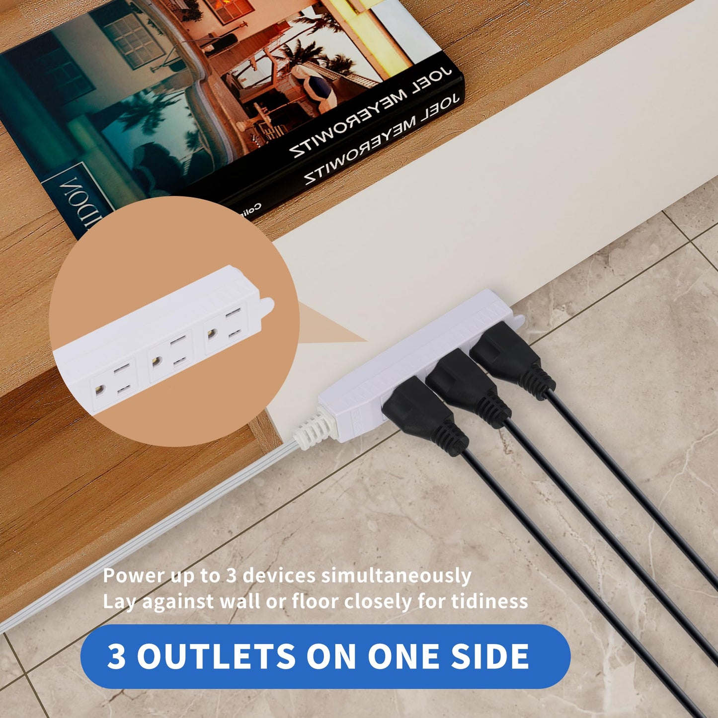GOMEN 6 Feet Indoor Extension Cord with 3 Outlets, AWG 16/3 Angled Flat Plug Power Strip, 3 Prong Grounded, 13 Amps - 1625 Watts - 125 VAC, White, 4 Pack
