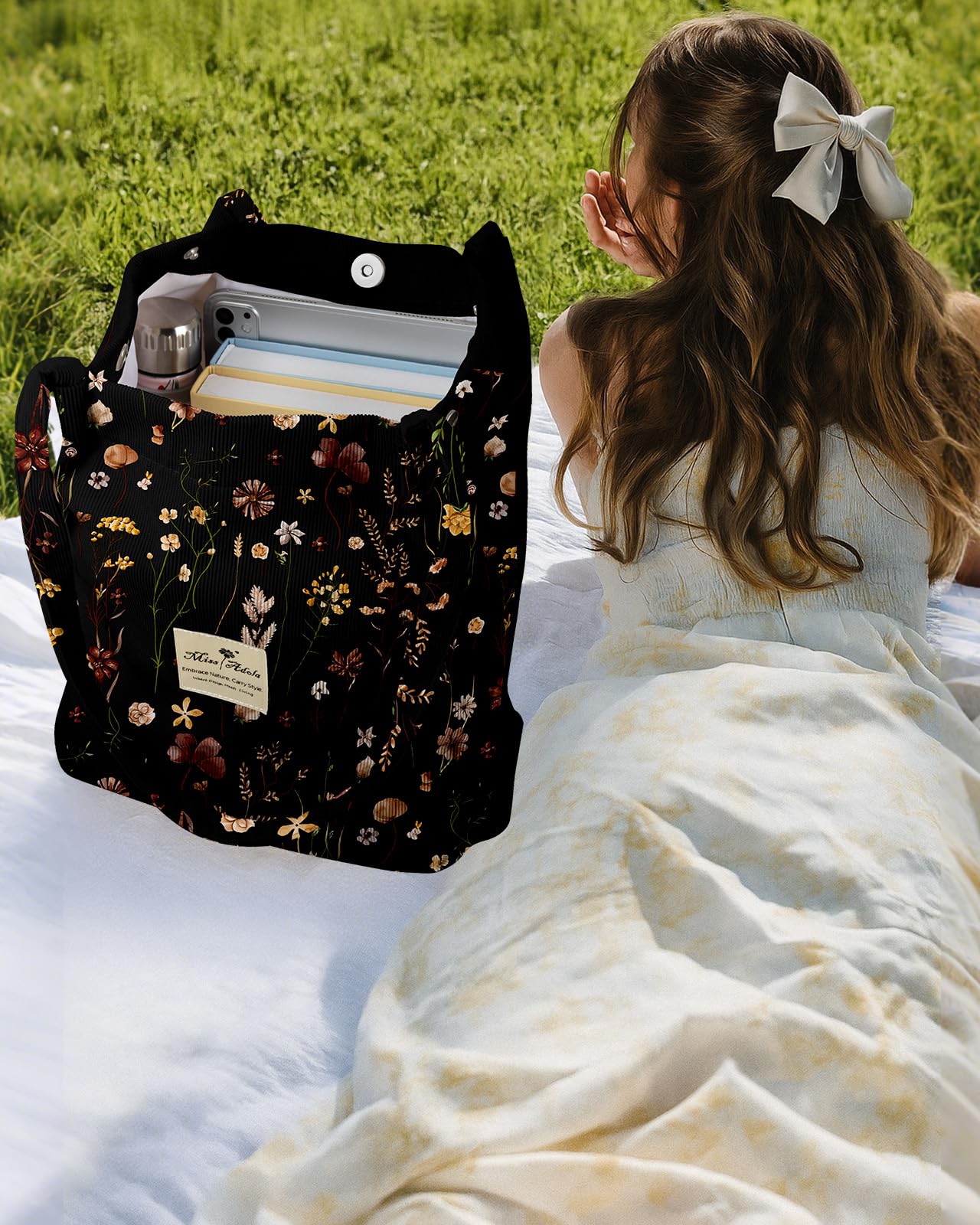 Miss Adola Corduroy Tote Bag for Women - Reusable Totes with Magnetic Buckle & Pocket Stylish Aesthetic Design Work Bags for Shopping Travel Grocery Bags, Black Grow Flower
