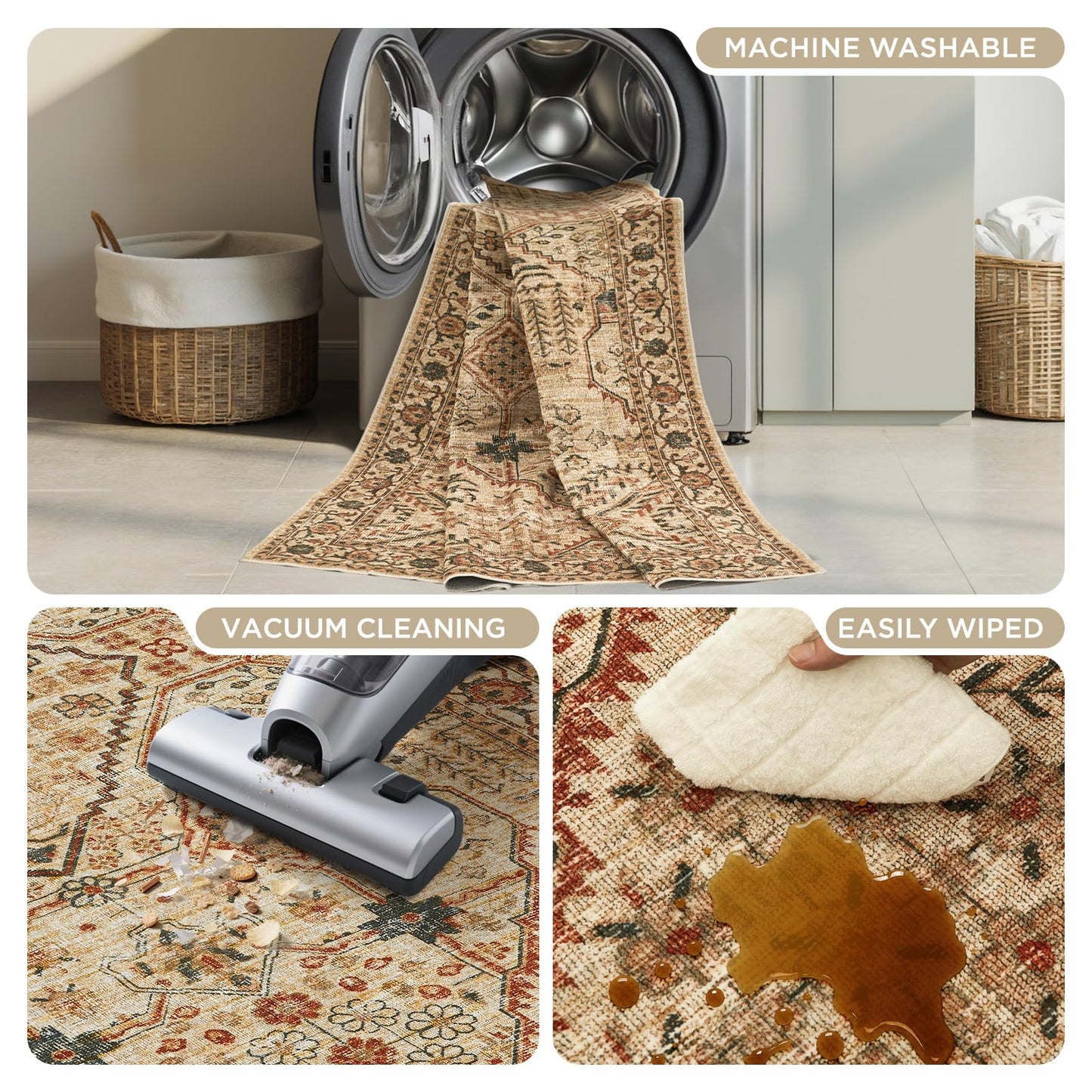Joydeco 3x5 Area Rugs for Living Room, Non Slip Machine Washable Vintage Rug, Low Pile Chenille Print Rugs for Bedroom, Dining Room, Home Office, Pet & Child Friendly, Tan