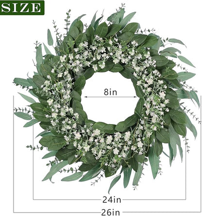 26'' Eucalyptus and Babys Breath Flowers Wreath for Front Door - Large Artificial Greenery Outdoor Wreath for Porch,Window,Farmhouse,Home,Hanging Decor- Spring, Summer, All Seasons (Green-White)
