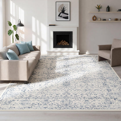Lbris Washable Rugs 8x10 Area Rugs for Living Room- Large Vintage Rugs for Bedroom,Dining Room,Ultra Soft Low Pile Foldable Carpet with Non Slip Rubber Backing,Neutral Accent Rug(White-Blue)