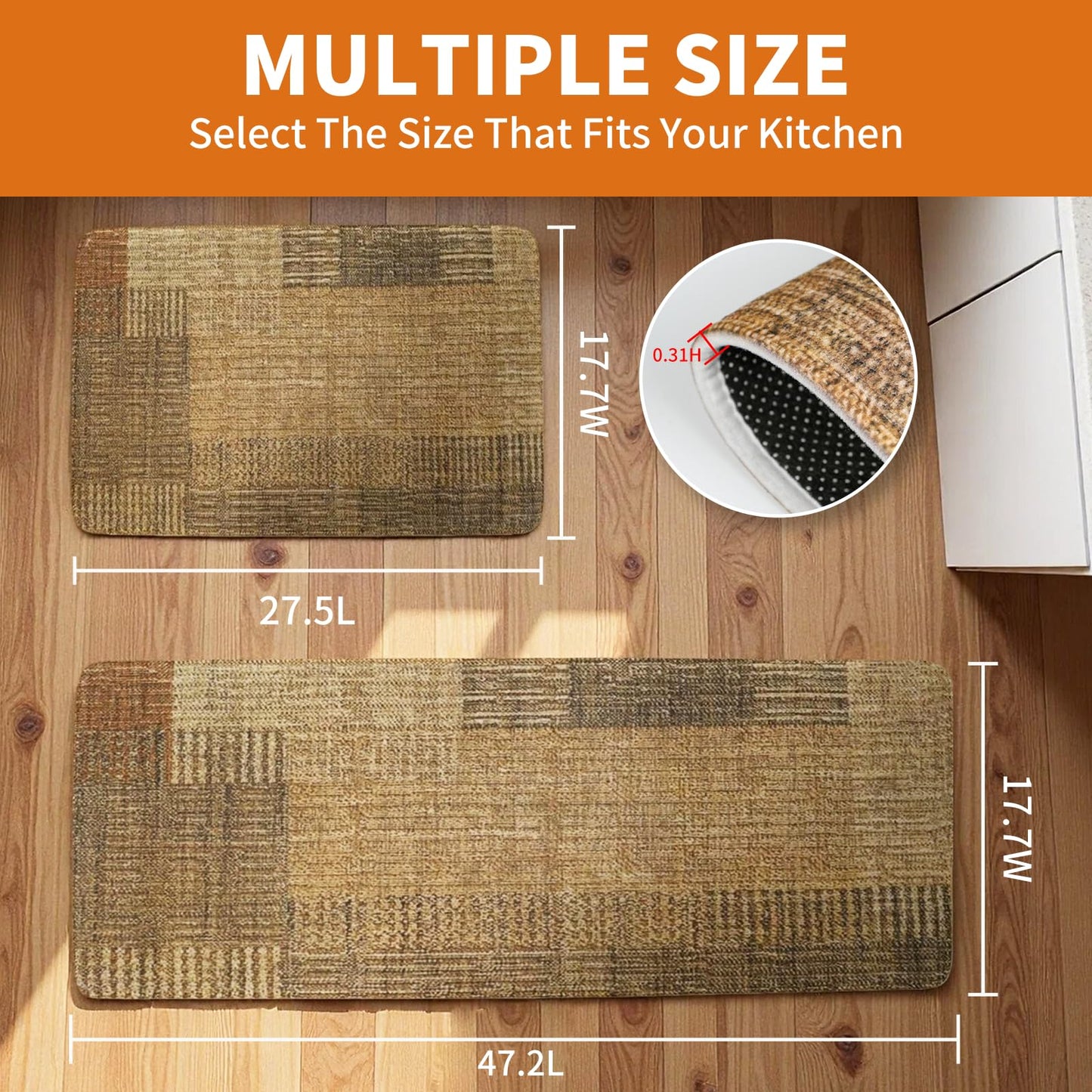 Joomavink Kitchen Rugs and Mats Non Slip Washable of 2 Pieces, Anti Fatigue Runner Rug for Cocina, Front of Sink，Laundry Rooms，Easy to Clean Kitchen Floor Mat Sets.(Yellowish-Brown)