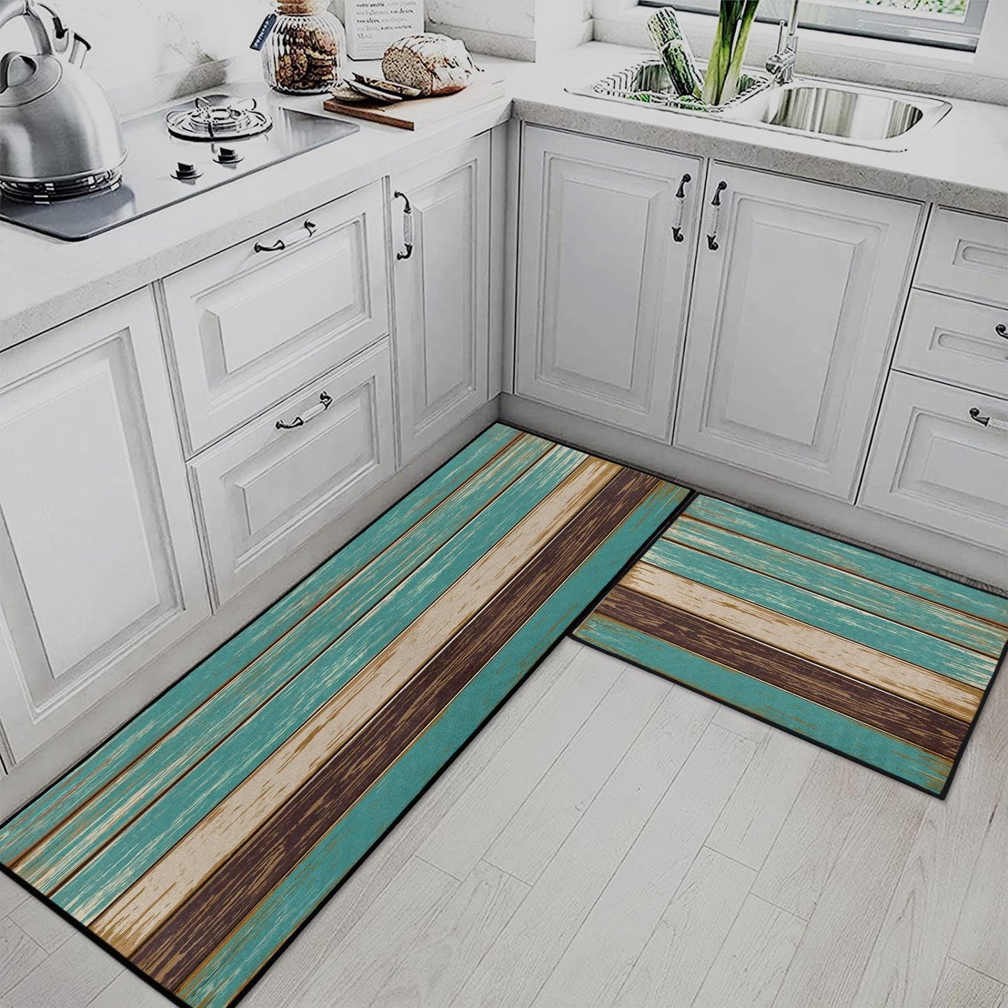 Tayney Rustic Kitchen Rugs and Mats Non Skid Washable Set of 2, Teal Country Wood Board Mats for Floor, Turquoise Brown Stripes Runner Rug Wooden Plank Texture Kitchen Decor