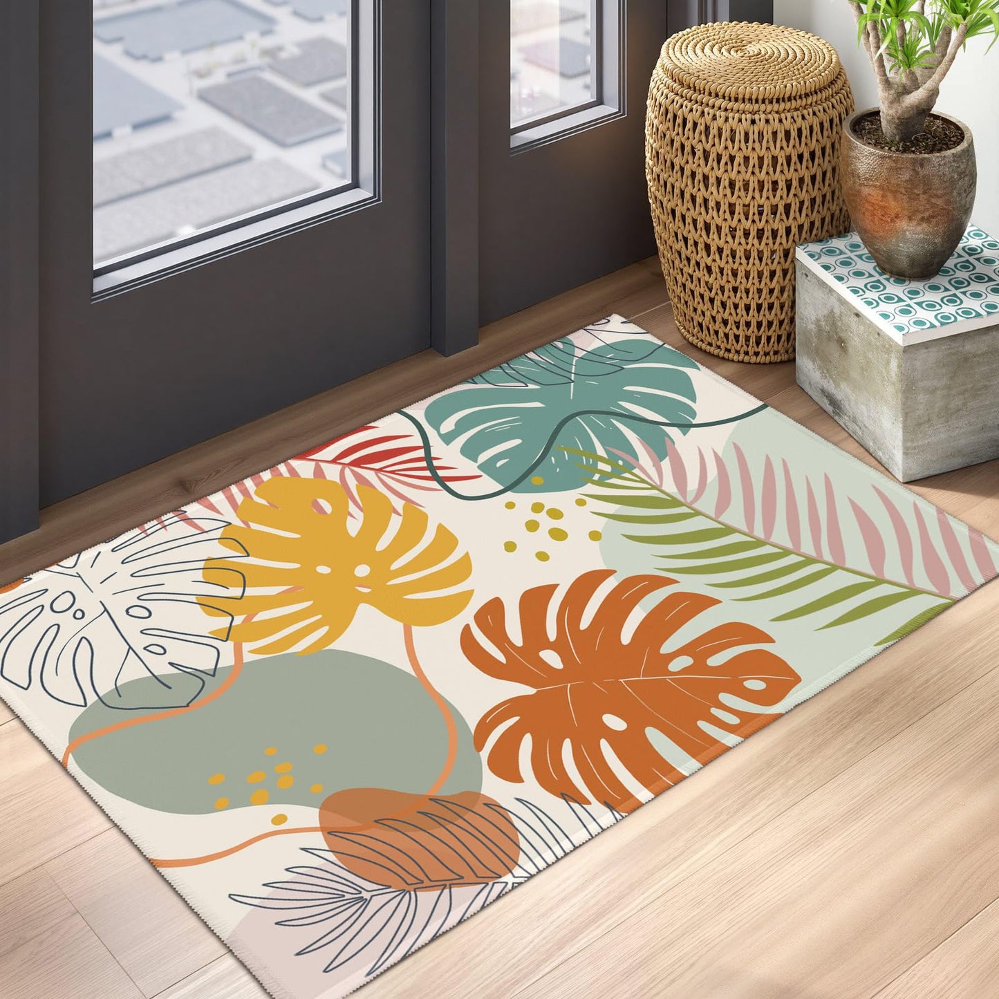 Wualmondor Abstract Tropical Rugs 2x3 Feet Colorful Monstera Palm Leaves Entryway Rug Boho Modern Art Non Slip Low Pile Throw Rug Doormat Carpet for Entrance Kitchen Bathroom