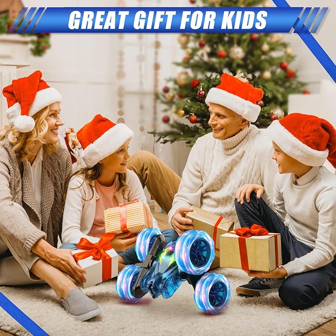 Remote Control CarStunt RC Cars For Kids with Colorful LightFast USB-C ChargingDouble-Sided 360° Rotating Rechargeable 4WD RC Truck Car Toys for Ages 5-7 Gift for Boys Girls Ages 8-12(Blue)