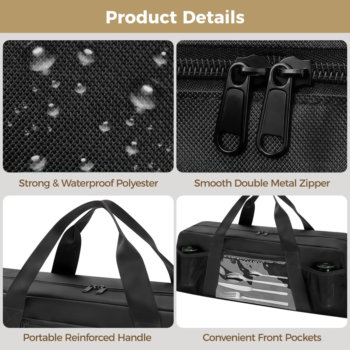 Grill Tool Storage Bag, Outdoor BBQ Utensil Holder for Barbecue Tool up to 20", Large Grill Utensil Storage Caddy with Pockets, BBQ Accessories Case Container for Camping, Bag Only, Black
