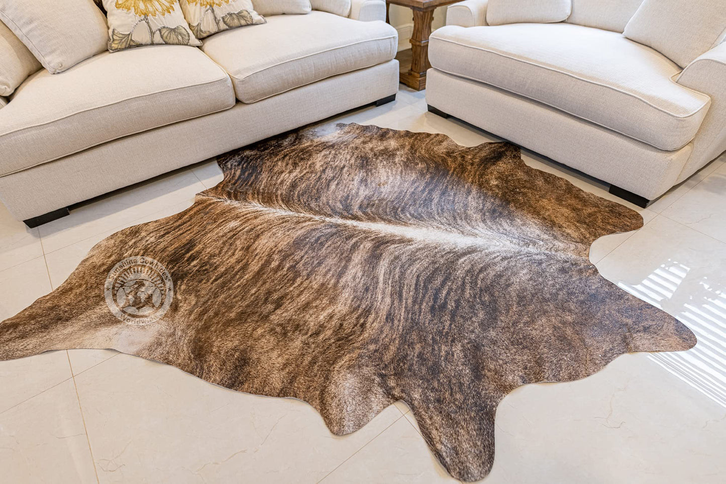 Sunshine Cowhides 100% Genuine Brindle Cowhide Rug - Modern Style Animal Skin Rug & Floor Carpet for Living Room, Bedroom, Kitchen & More - Extra Large (6x7-8 Ft.)