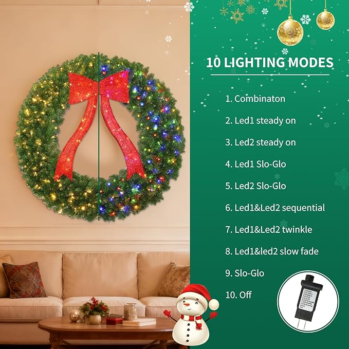 48in Christmas Wreath, 250 LED Lights (Warm White & Color, 10 Lighting Modes), Glowing Red Bow, 714 PVC Branch Tips, Power Plug-in, with Hooks, Holiday Decoration, Outdoor Door Decoration