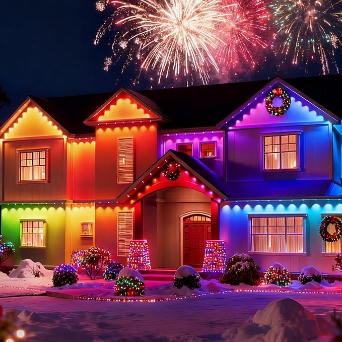 100FT Christmas Permanent Outdoor Lights,RGB+IC Eaves Lights with App & Remote Control,DIY Multi-Color Scene Modes,IP67 Waterproof,Outdoor Strings for House,Holiday Decorations for Christmas