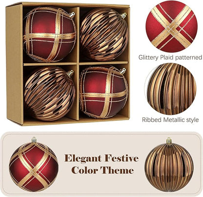 4.7" Large Plastic Christmas Balls Ornaments Set of 4, Glitter Shatterproof Christmas Bulbs Ornaments for Xmas Tree Decorations, Burgundy & Bronze Ornament for Tree,Mantel,Garland,Winter,Party Decor