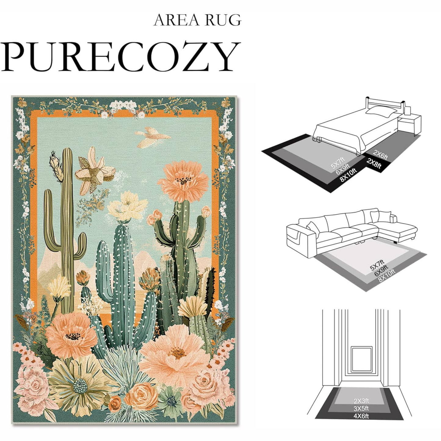 5x7 Cactus Flower Area Rugs Boho Tropical Floral Botanical Green Rug for Living Room Indoor Soft Non-Slip Thin Carpet Modern Abstract Rugs for Dining Room Bedroom Under Table Washable Machine