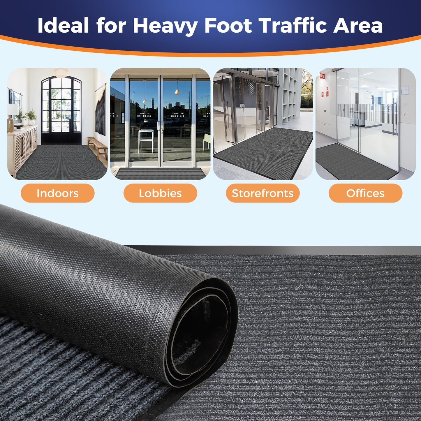 MossGrip Commercial Floor Mat, 4 x 5 FT Extra Large Door Mat, Indoor/Outdoor Entrance Mat, Commercial Rug with Water & Stain Proof, Easy to Clean, Low-Profile, Heavy Duty Rubber Mat, Charcoal Grey