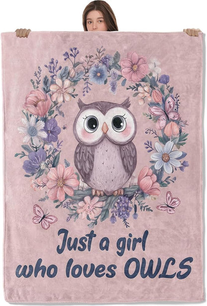 Owl Floral Lightweight Throw Blanket, Cute Cartoon Animal with Flower and Butterfly, Warm Soft Cozy Flannel Blankets, Couch Dorm Home Decor All Season Use, 80x60in, Pink, Gifts for Girls Women