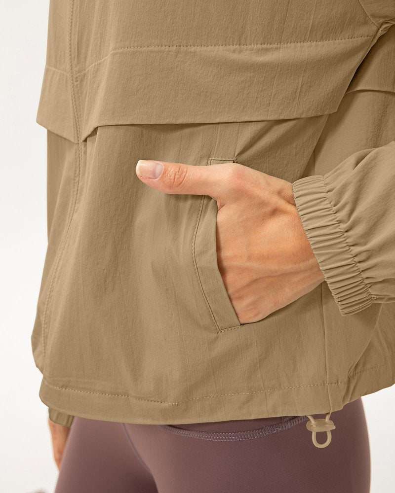 Locachy Women's Lightweight Zip Up Athletic Jacket Stand Collar Windproof Sun Protection Workout Outdoor Jacket Khaki L