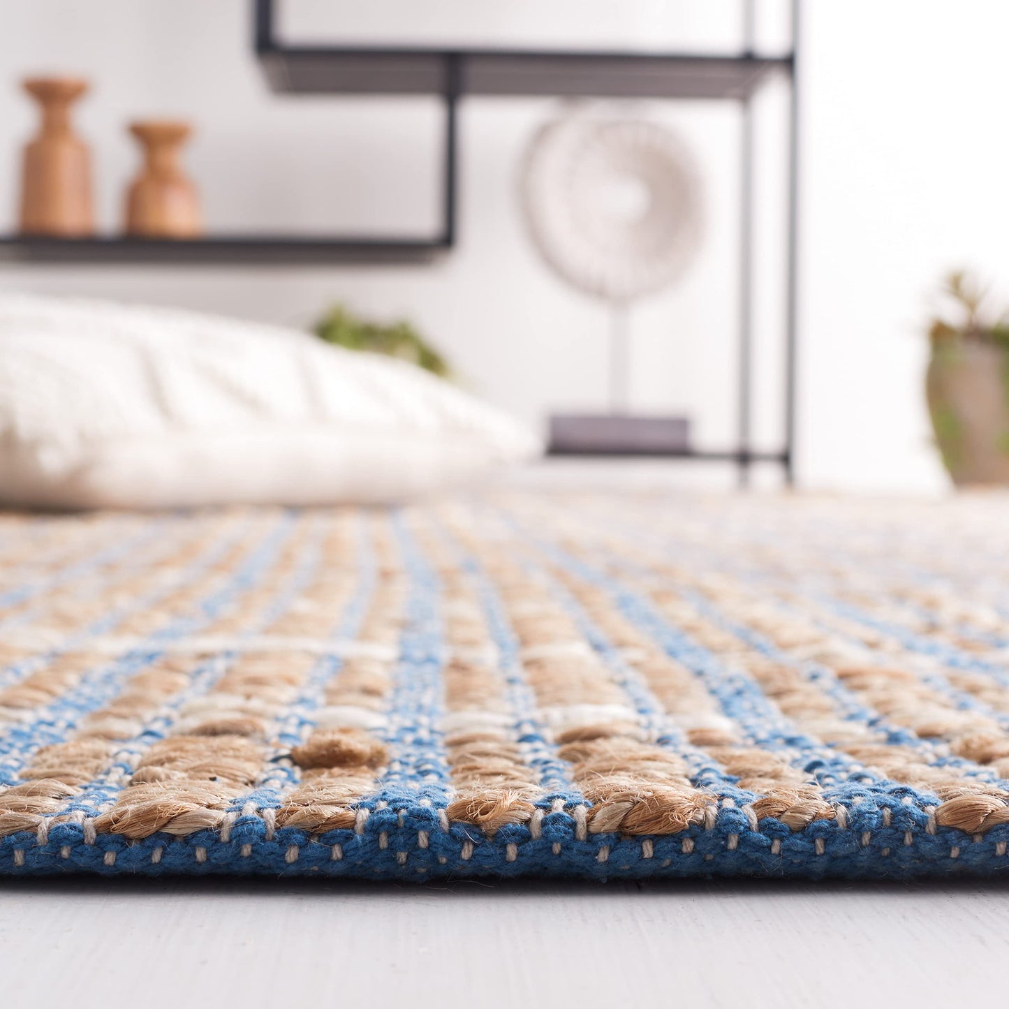 SAFAVIEH Natural Fiber Collection Area Rug - 9' x 12', Blue & Natural, Handmade Boho Stripe Farmhouse Rustic Jute & Cotton Jute, Ideal for High Traffic Areas in Living Room, Bedroom (NFB656M)