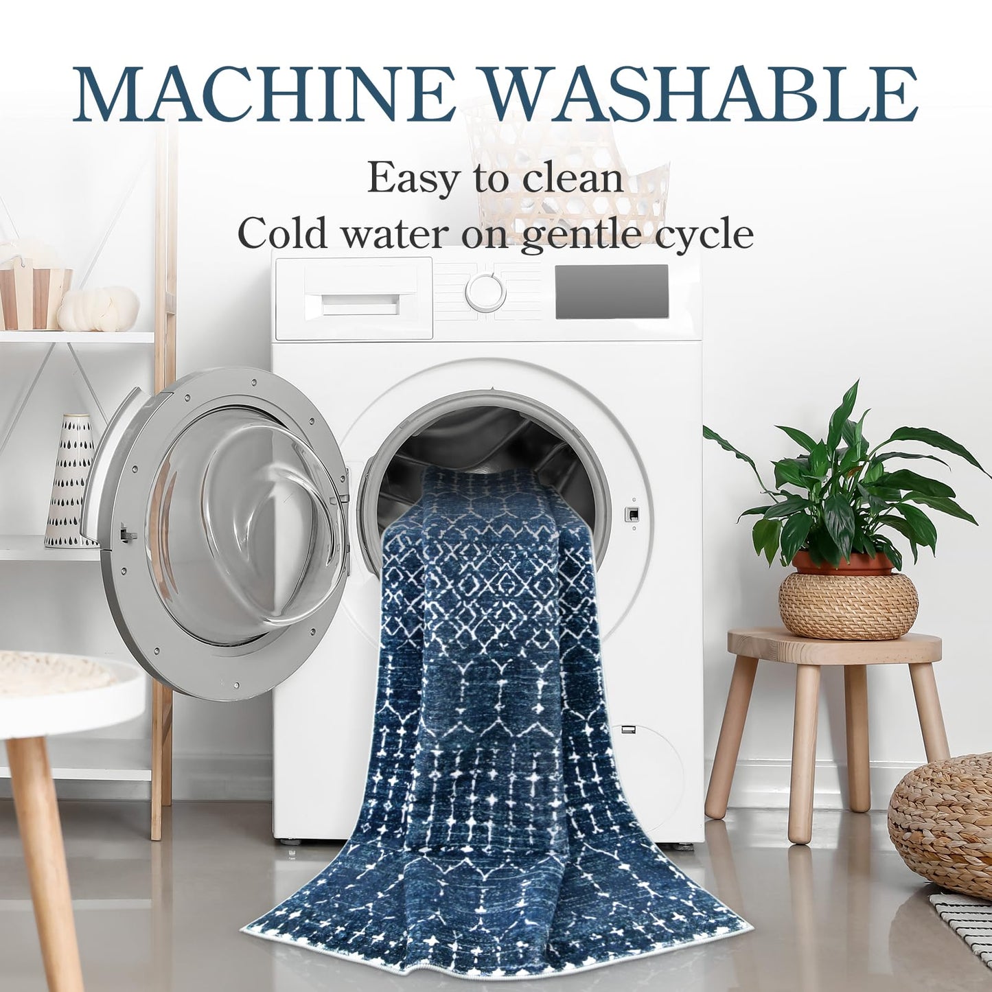 Lahome Moroccan Washable Kitchen Runner 2x8 Carpet Runners for Hallway 8Ft Low-Profile Non-Slip, Indoor Geometric Print Distressed Rug for Entryway Laundry Room Foyer Hana, Blue