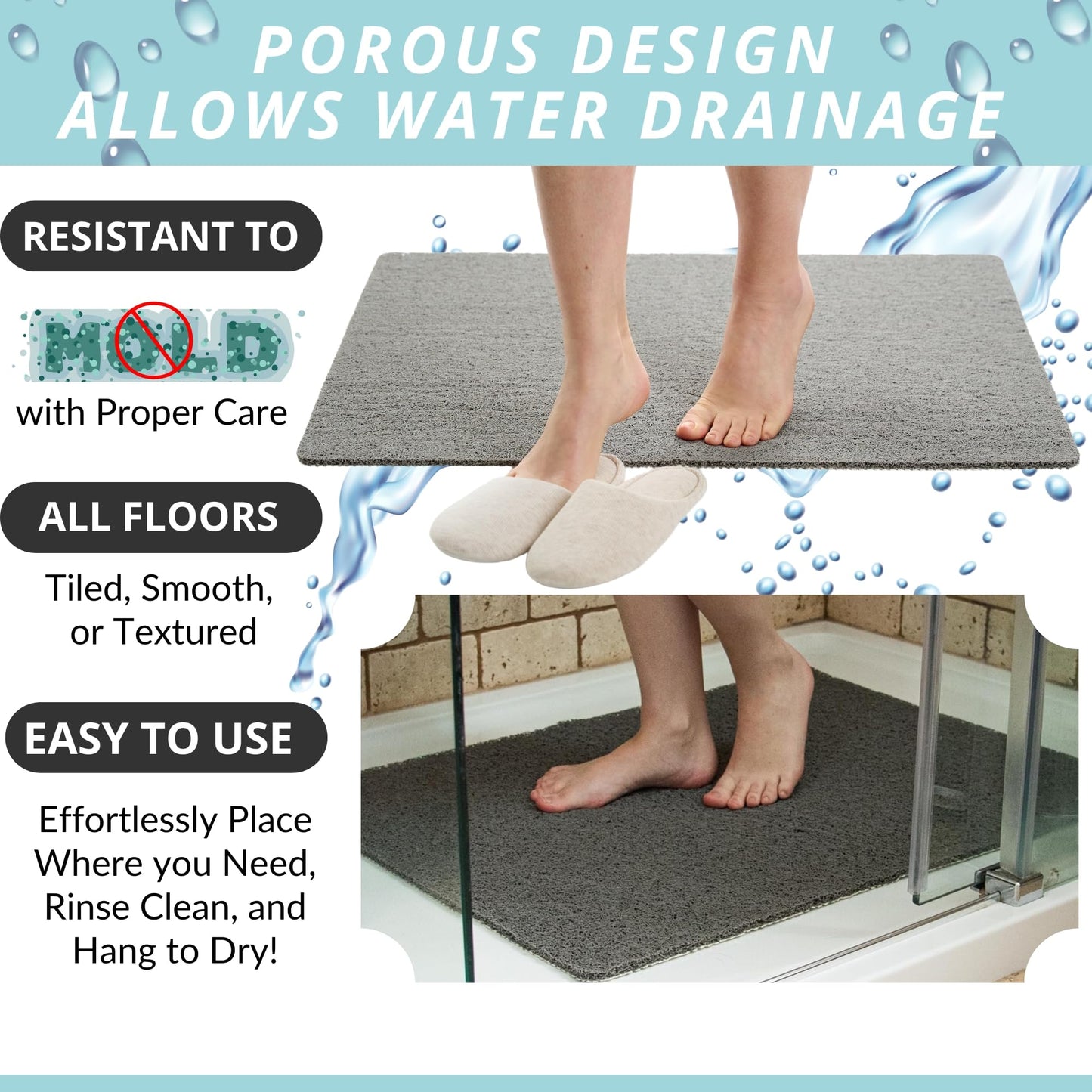 Enkosi Loofah Non-Slip Shower Mat - Shower Floors, Bathtub, Bathrooms, Wet Areas - Cushioned Bath Mat with Drain Holes - Quick Dry PVC, Secure Safety Pad Without Suction Cups (32x24 Grey)