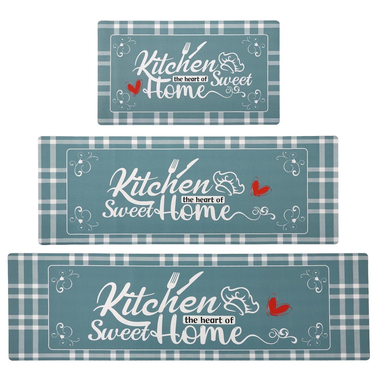 XLHOMO Kitchen Mats for Floor with Grid Design, Farmhouse 3 Piece Washable Absorbent Runner Rugs Non Slip Cushioned Kitchen Mat Comfort Rug Set for Kitchen, Floor, Office